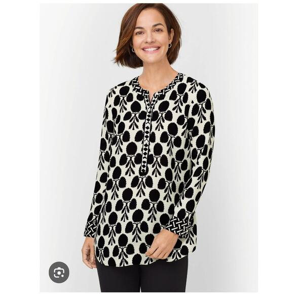 Talbots Band Collar Popover Blouse Women's L Black Cream Career Summer Party - Picture 10 of 10